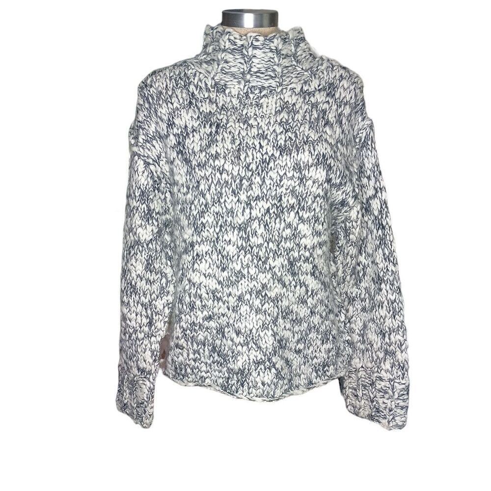 VINTAGE SKYR Rolled Neck Sweater Womens Sz L Hand Knit Grey White Lagenlook